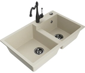 Mexen Tomas, granitový drez 800x500x190 mm, 2-komorový a drezová batéria Carla, béžová, 6516-69-670700-70