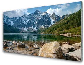 Skleneny obraz Hory les jazero kamene 120x60 cm