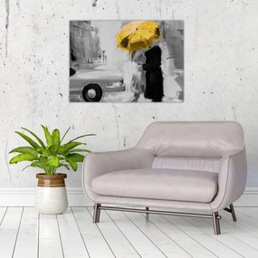 Sklenený obraz - Zamilovaný pár pod dáždnikom, žltý (70x50 cm)