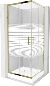 Mexen Rio, štvorcový sprchovací kút s posuvnými dverami 80(dvere) x 80(dvere) x 190 cm, 6mm číre sklo s pásikmi, zlatý profil + biela sprchová vanička RIO, 860-080-080-50-20-4510