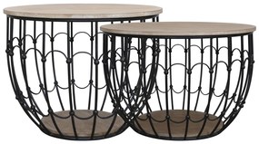 2ks čierny antik kovový coffee stolík s drevenou doskou Charlotte - Ø57*42 cm