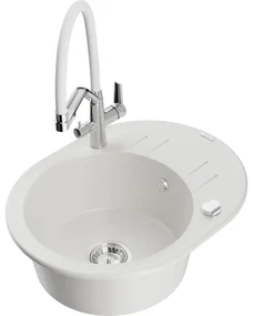 Mexen Kevin, granitový drez 586x458x190 mm, 1-komorový a biela batéria Duo, biela, 6517-20-671701-02