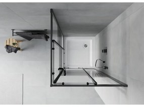 Mexen Rio, štvorcový sprchovací kút s posuvnými dverami 80(dvere) x 80(dvere) x 190 cm, 6mm číre sklo s pásikmi, čierny profil + biela sprchová vanička RIO, 860-080-080-70-20-4510