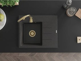Mexen Ben, 1-komorový granitový drez 600x500x190 mm, ľavý + zlatý sifón, čierna škvrnitá, 6522605000-76-G