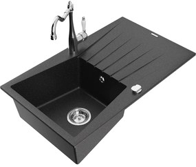 Mexen Cesar, 1-komorový granitový drez 775x470x190 mm a drezová batéria Carla, čierna-strieborná metalíza, 6514-73-670700-00