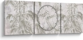 Obraz - Tropické rastliny na stene v šedej (s hodinami) (90x30 cm)