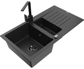 Mexen Matias, granitový drez 900x505x200 mm, 1,5-komorový a čierna batéria Rita, čierna škvrnitá, 6502-73-670300-70-B