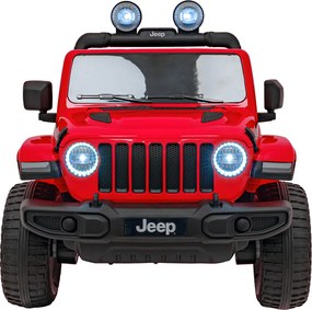 Ramiz Jeep Wrangler Rubicon na batérie pre deti červený + diaľkové ovládanie + rádio MP3 LED + kolesá EVA