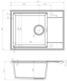 Sink Quality Sink55, kuchynský granitový drez 620x460x215 mm + chrómový sifón, šedá, SKQ-SINK.D.1KKO.X