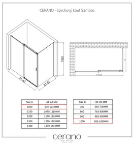 Cerano Lantono, sprchovací kút s posuvnými dverami 100(dvere) x 100(stena) x 195 cm, 8mm číre sklo, čierny profil, CER-CER-431479