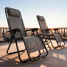 Set 2 polohovateľných záhradných lehátok so stolíkom - sivý