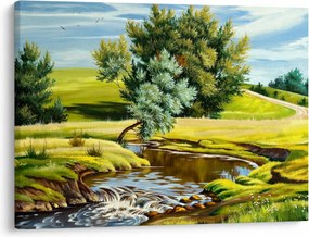 Obraz - Rieka medzi lúkami, olejomaľba (70x50 cm)