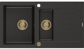 Mexen Matias - drez granitový 900x505x200 mm, 1,5-komorový, čierna-zlatá metalíza so zlatým sifónom, 6502901505-75-G