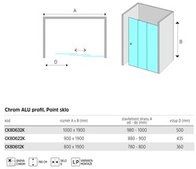 Mereo Mereo, Sprchové dvere, LIMA, trojdielne, zasúvacie, chróm ALU, sklo Point, MER-CK80612K
