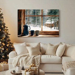Vianočný obraz výhľad z útulnej lesnej chatky