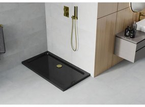 Mexen Flat, akrylátová sprchová vanička 130x70x5 cm SLIM, čierna, zlatý sifón, 40707013G