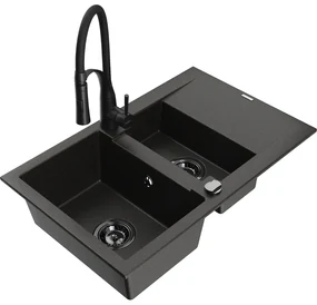 Mexen Gaspar, 1,5-komorový granitový drez 737x475x177 mm a drezová batéria Aster, čierna-zlatá metalíza, 6507-75-73450-70-B
