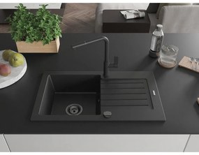 Mexen Pablo, 1-komorový granitový drez 752x436x161 mm a drezová batéria Flora, čierna, 6510-77-670401-70-B