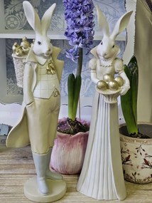 Dekoračná soška zajac vo fraku so zlatými mrkvami - 11*10*37 cm
