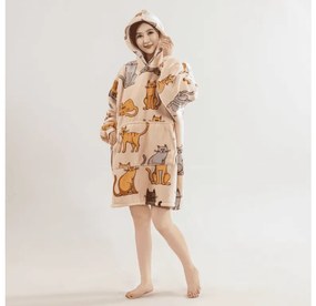 Baránková mikinová deka s rukávmi a kapucňou COLORED CATS krémová