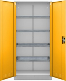 Skriňa na chemikálie s ventiláciou a odkvapkávacími zásobníkmi, šedo-žltá, 900x1850x400 mm: MARIA