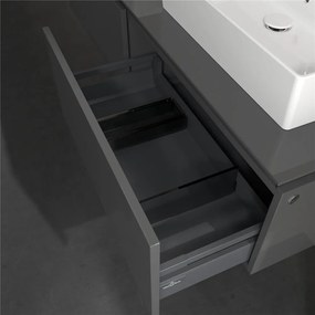 VILLEROY &amp; BOCH Legato závesná skrinka pod dve umývadlá na dosku, 2 zásuvky, s LED osvetlením, 1600 x 500 x 380 mm, Glossy Grey, B676L0FP