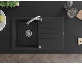 Mexen Bruno, 1-komorový granitový drez 795x495x200 mm a drezová batéria Elia, čierna-strieborná metalíza, 6513-73-670101-00