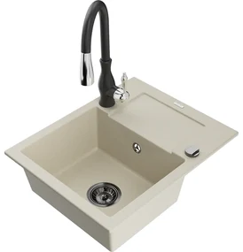Mexen Enzo, 1-komorový granitový drez 576x465x174 mm a drezová batéria Savita, béžová, 6506-69-672601-70