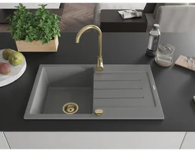 Mexen Bruno, granitový drez 795x495x200 mm, 1-komorový, šedá so zlatým sifónom, 6513791010-71-G