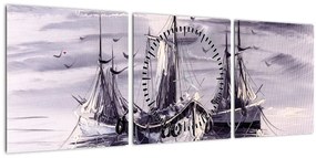 Obraz - Prístav, olejomaľba (s hodinami) (90x30 cm)