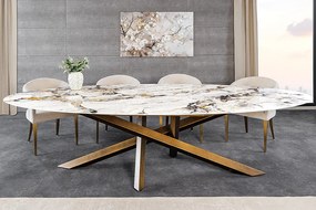 Jedálenský stôl SCULPTURE 280 cm oválny bronzový rám s keramickou doskou, viacfarebný mramorový vzhľad