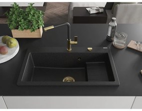 Mexen Omar, 1-komorový granitový drez 800x480x210 mm, čierna-strieborná metalíza, zlatý sifón, 6520801005-73-G