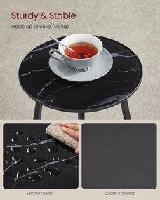 Okrúhly príručný stolík, so sklenenou doskou a poličkou z drevotriesky, mramorová čierna