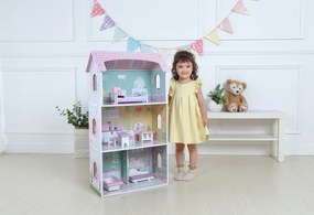 Drevený domček pre bábiky ECOTOYS – Rezidencia Jagodová, 3 poschodia, 8 ks nábytku