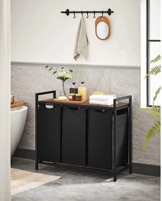 Kôš na bielizeň, s 3 vyťahovacími a odnímateľnými vakmi, 3 x 38 L, čierny