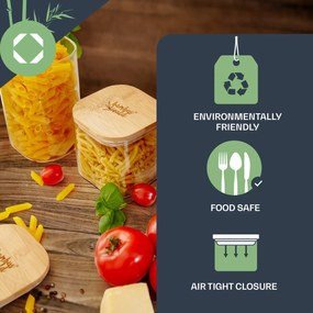 Klarstein Hranatá nádoba na skladovanie potravín s bambusovým vrchnákom, 10 x 20,5 x 10 cm, 3 x 1500 ml, vzduchotesná, so silikónovým tesnením