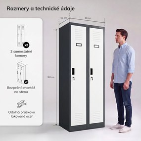 Dvojkomorová zamestnanecká skrinka antracitovo biela, 600x1800x500 mm: KACPER II