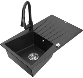 Mexen Cesar, 1-komorový granitový drez 775x470x190 mm a drezová batéria Elia, čierna-strieborná metalíza, 6514-73-670101-70