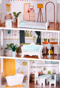 ECOTOYS Domček pre bábiky Alice z MDF, 3 poschodia, 4 izby, 9 dielov nábytku, pre deti 3+