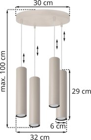 Závesné svietidlo Tuba, 4x béžové kovové tienidlo, o