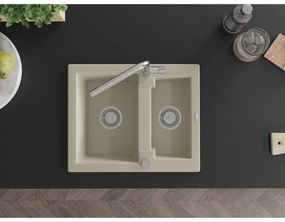 Mexen Carlos, 1,5-komorový granitový drez 582x475x177 mm a drezová batéria Flora, béžová, 6518-69-670401-00