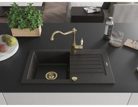 Mexen Pablo, 1-komorový granitový drez 752x436x161 mm a drezová batéria Carla, čierna-zlatá metalíza, 6510-75-670700-50