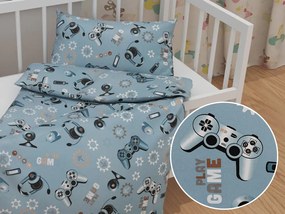 Biante Detské bavlnené posteľné obliečky do postieľky Sandra SA-588 Play Game na modrom Do postieľky 90x140 a 40x60 cm