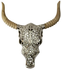 Nástenná kovová lebka býka s drevenými rohmi - 44 * 40 * 8cm