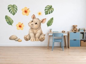 Usmievavý nosorožec medzi ibiškami prírodné akvarelové nálepky s nosorožcom pre dievčatá aj chlapcov na stenu hárok 35 x 46 cm
