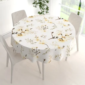Biante Bavlnený okrúhly obrus Sandra SA-582 Žlté kvety s vetvičkami na bielom Ø 90 cm