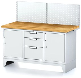 Alfa 3 Dielenský stôl MECHANIC I , perforovaný panel, 2 skrinky a zásuvkový box na náradie, 3 zásuvky, 1500x685x880 mm, sivé dvere