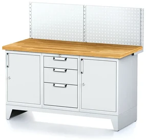 Alfa 3 Dielenský stôl MECHANIC I , perforovaný panel, 2 skrinky a zásuvkový box na náradie, 3 zásuvky, 1500x685x880 mm, sivé dvere