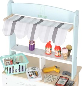 KIK Drevený stánok supermarket s pokladňou, košíkom a potravinami pre deti LULILO