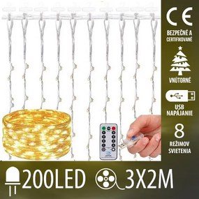 Vianočná led svetelná záclona vnútorná USB - 200 led - programy - ovládač - 3x2m - teplá biela